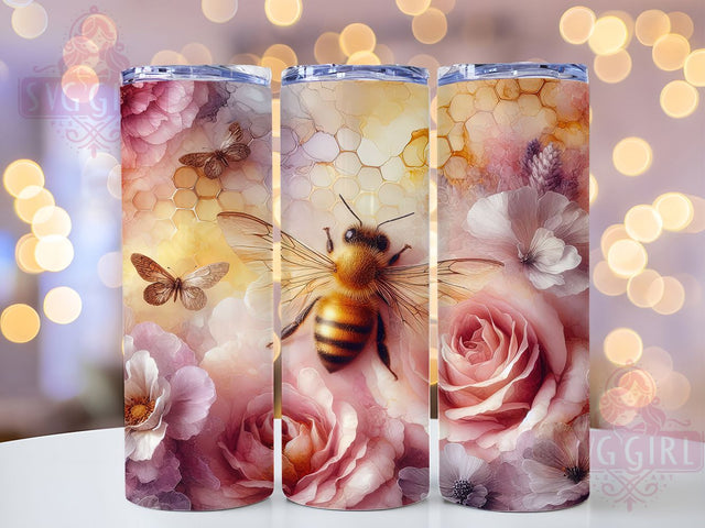 Bumble Bee Floral Tumbler Wrap Gift, Floral Tumbler Wrap, Bee Floral Design, 20oz Skinny Tumbler, Sublimation Tumbler Wrap, Bee Lover Gift, Flower Bee Wrap Sublimation SvggirlplusArt 