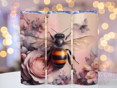 Bumble Bee Floral Tumbler Wrap Gift, Floral Tumbler Wrap, Bee Floral Design, 20oz Skinny Tumbler, Sublimation Tumbler Wrap, Bee Lover Gift, Flower Bee Wrap Sublimation SvggirlplusArt 
