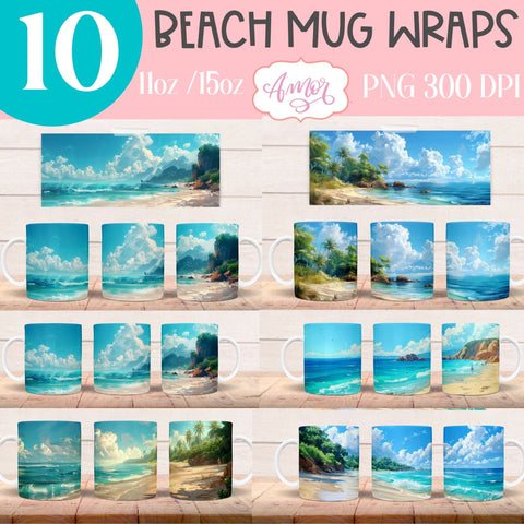 BUNDLE Beach Mug Wrap for Sublimation | Summer mug wrap Sublimation Amorclipart 