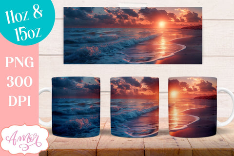 BUNDLE Beach sunset Mug Wrap for Sublimation | Nightfall at sea mug wrap Sublimation Amorclipart 