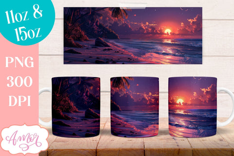 BUNDLE Beach sunset Mug Wrap for Sublimation | Nightfall at sea mug wrap Sublimation Amorclipart 
