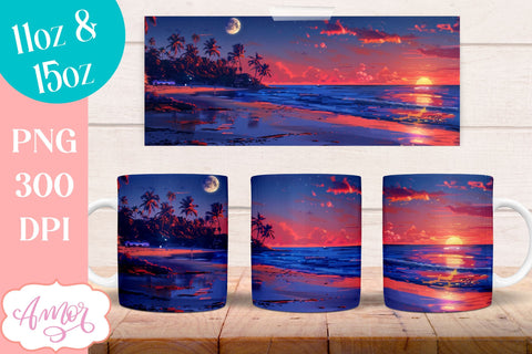 BUNDLE Beach sunset Mug Wrap for Sublimation | Nightfall at sea mug wrap Sublimation Amorclipart 