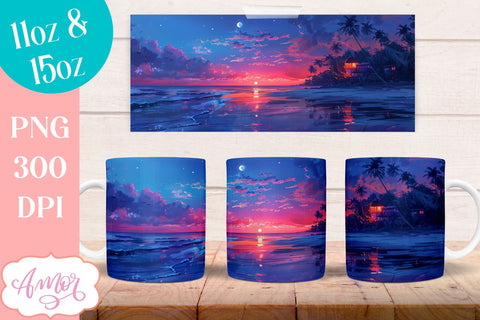 BUNDLE Beach sunset Mug Wrap for Sublimation | Nightfall at sea mug wrap Sublimation Amorclipart 