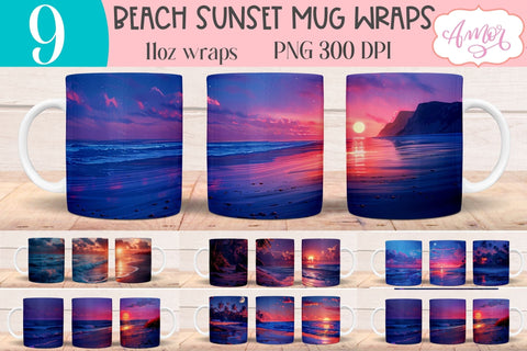 BUNDLE Beach sunset Mug Wrap for Sublimation | Nightfall at sea mug wrap Sublimation Amorclipart 