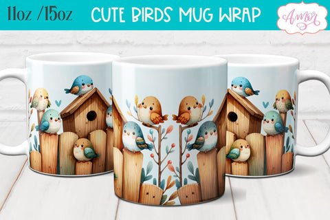 Bundle of 8 Cute watercolor birds mug wraps for sublimation Sublimation Amorclipart 