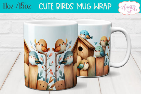 Bundle of 8 Cute watercolor birds mug wraps for sublimation Sublimation Amorclipart 