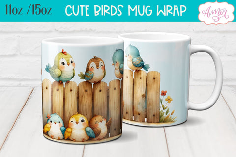Bundle of 8 Cute watercolor birds mug wraps for sublimation Sublimation Amorclipart 