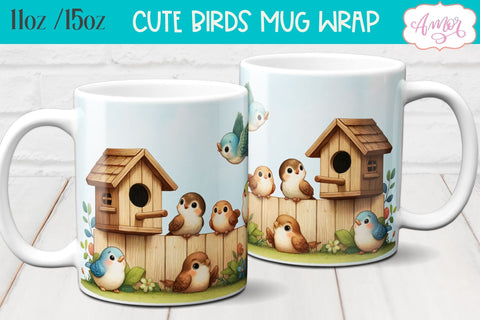 Bundle of 8 Cute watercolor birds mug wraps for sublimation Sublimation Amorclipart 