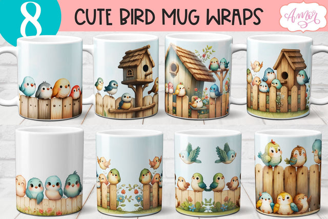 Bundle of 8 Cute watercolor birds mug wraps for sublimation Sublimation Amorclipart 