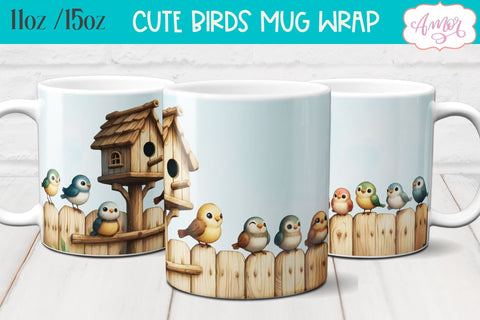 Bundle of 8 Cute watercolor birds mug wraps for sublimation Sublimation Amorclipart 