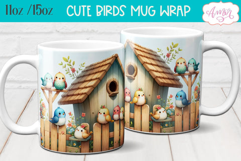 Bundle of 8 Cute watercolor birds mug wraps for sublimation Sublimation Amorclipart 