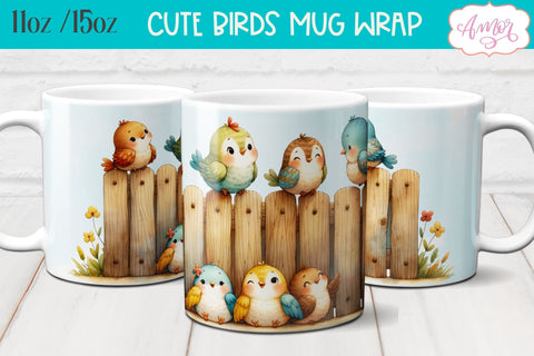 Bundle of 8 Cute watercolor birds mug wraps for sublimation Sublimation Amorclipart 