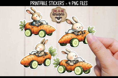 Bunnies In Carrot Cars Easter Stickers | 4 PNG Stickers Sublimation Ewe-N-Me Designs 