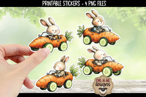 Bunnies In Carrot Cars Easter Stickers | 4 PNG Stickers Sublimation Ewe-N-Me Designs 