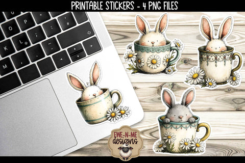 Bunnies In Cups Easter Spring Stickers | 4 PNG Stickers Sublimation Ewe-N-Me Designs 