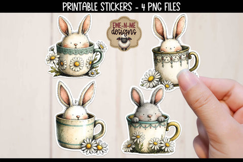 Bunnies In Cups Easter Spring Stickers | 4 PNG Stickers Sublimation Ewe-N-Me Designs 