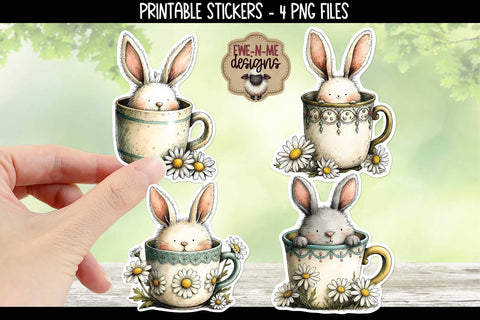 Bunnies In Cups Easter Spring Stickers | 4 PNG Stickers Sublimation Ewe-N-Me Designs 