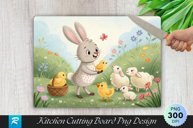 Bunny and Friends with Chicks and Lambs Cutting Board PNG Design Sublimation Regulrcrative 