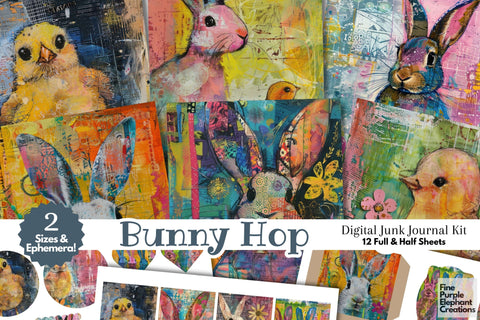 Bunny Chick Easter Digital Junk Journal Kit Half Pages | Spring Digital Pattern Fine Purple Elephant Creations 
