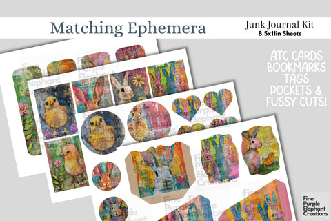 Bunny Chick Easter Digital Junk Journal Kit Half Pages | Spring Digital Pattern Fine Purple Elephant Creations 