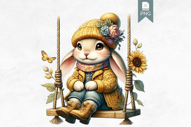 Bunny Clipart, Sunflower & Butterfly Rabbit on Swing Sublimation BijouBay 