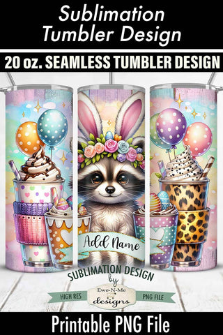 Bunny Ears Easter Raccoon with Coffee 20 oz Seamless Tumbler Sublimation Ewe-N-Me Designs 