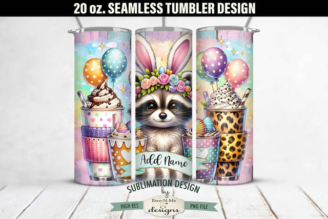Bunny Ears Easter Raccoon with Coffee 20 oz Seamless Tumbler Sublimation Ewe-N-Me Designs 