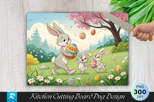 Bunny Family Playing with Easter Eggs Cutting Board PNG Design Sublimation Regulrcrative 