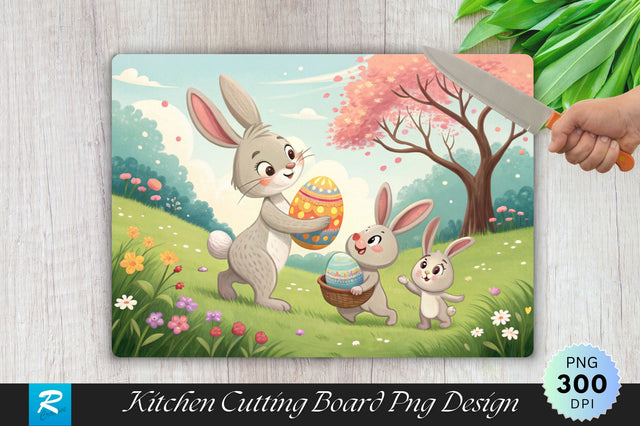 Bunny Family Playing with Easter Eggs Cutting Board PNG Design Sublimation Regulrcrative 