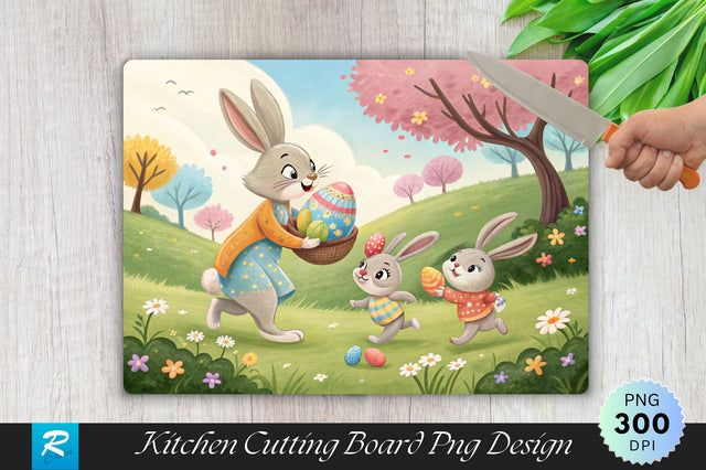 Bunny Family Playing with Easter Eggs Cutting Board PNG Design Sublimation Regulrcrative 