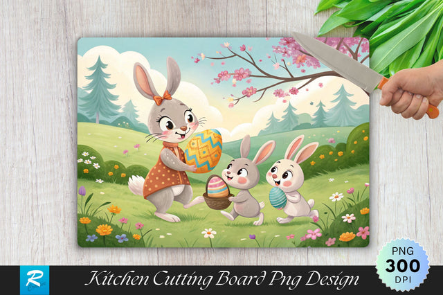 Bunny Family Playing with Easter Eggs Cutting Board PNG Design Sublimation Regulrcrative 