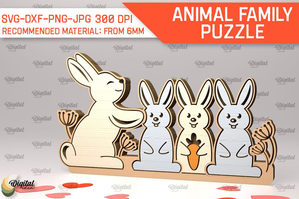 Bunny Family Puzzle Laser Cut. Animals Puzzle SVG - So Fontsy
