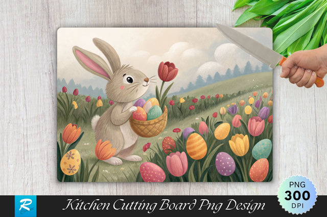 Bunny Hiding Eggs in a Field of Tulips Cutting Board PNG Design Sublimation Regulrcrative 