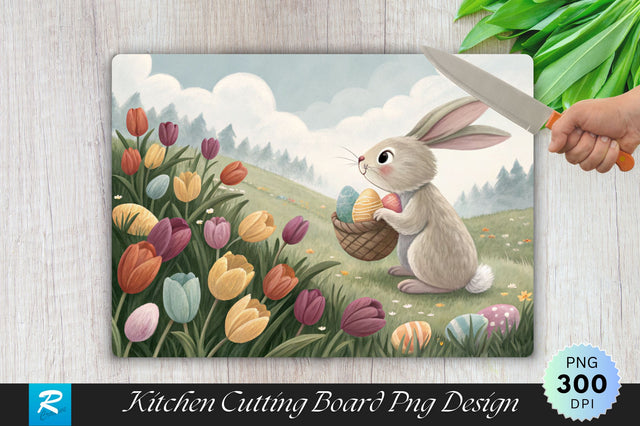 Bunny Hiding Eggs in a Field of Tulips Cutting Board PNG Design Sublimation Regulrcrative 