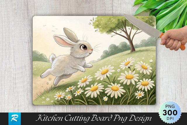 Bunny Hopping Over Daisies Cutting Board PNG Design Sublimation Regulrcrative 