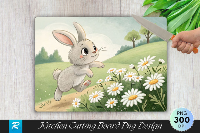 Bunny Hopping Over Daisies Cutting Board PNG Design Sublimation Regulrcrative 