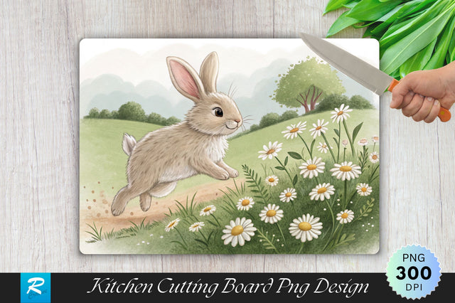 Bunny Hopping Over Daisies Cutting Board PNG Design Sublimation Regulrcrative 