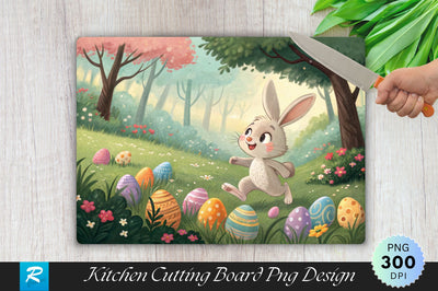 Bunny Hopping Through a Lush Garden of Easter Eggs Cutting Board PNG Design Sublimation Regulrcrative 