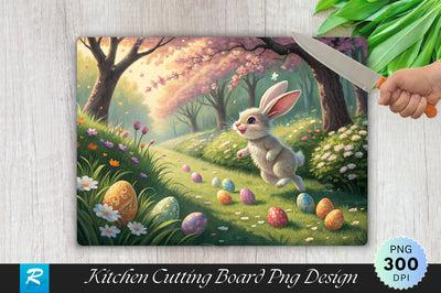 Bunny Hopping Through a Lush Garden of Easter Eggs Cutting Board PNG Design Sublimation Regulrcrative 
