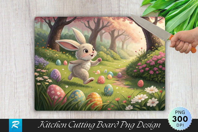Bunny Hopping Through a Lush Garden of Easter Eggs Cutting Board PNG Design Sublimation Regulrcrative 