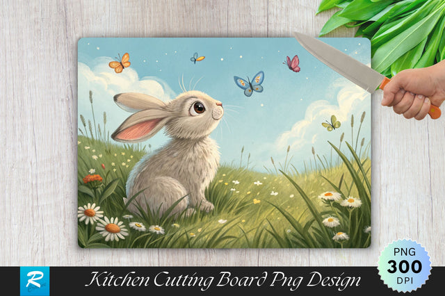 Bunny in a Field of Grass, Watching Butterflies Flutter Cutting Board PNG Design Sublimation Regulrcrative 