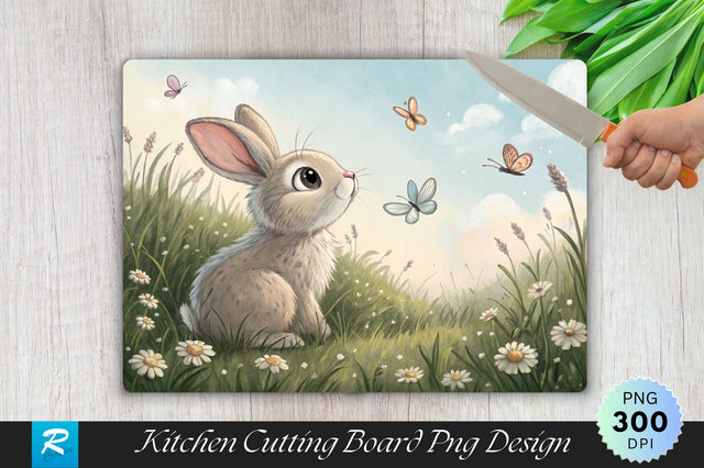 Bunny in a Field of Grass, Watching Butterflies Flutter Cutting Board PNG Design Sublimation Regulrcrative 