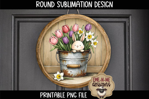Bunny in Flower Bucket Sublimation Design | Spring Round PNG Sublimation Ewe-N-Me Designs 