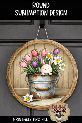 Bunny in Flower Bucket Sublimation Design | Spring Round PNG Sublimation Ewe-N-Me Designs 