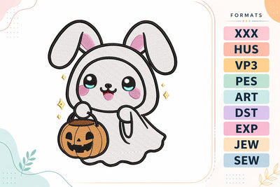 Bunny in Ghost Costume with Pumpkin Bucket Halloween Embroidery Design Embroidery/Applique DESIGNS sg embroidery 