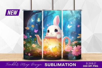Bunny in teapot with butterflies tumbler png Sublimation Regulrcrative 