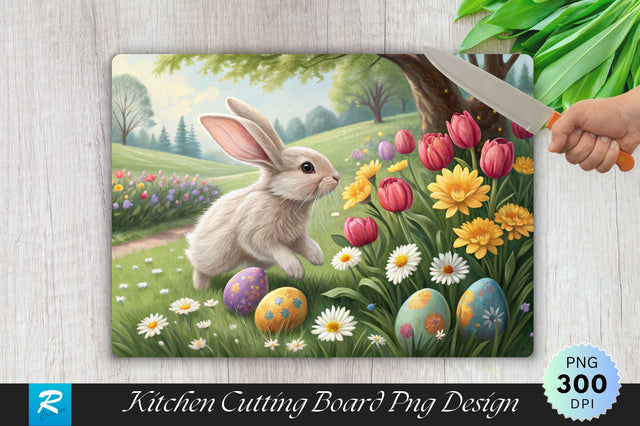 Bunny in the Garden with Flowers and Eggs Cutting Board PNG Design Sublimation Regulrcrative 