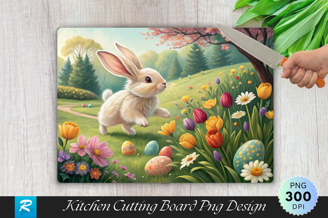 Bunny in the Garden with Flowers and Eggs Cutting Board PNG Design SVG Regulrcrative 