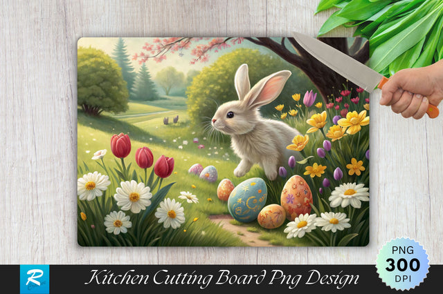 Bunny in the Garden with Flowers and Eggs Cutting Board PNG Design SVG Regulrcrative 