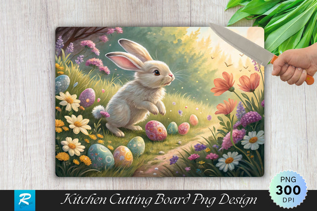 Bunny in the Garden with Flowers and Eggs Cutting Board PNG Design SVG Regulrcrative 